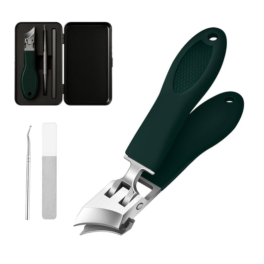 Precision Nail Clipper Set in an open dark green storage tin, showing the green plier-style clippers, a nail file, and a double-ended nail cleaning tool