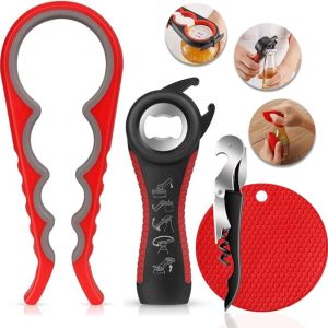Jar Opener for Weak Hands & Seniors with Arthritis (4-Piece Set) – 5-in-1 Bottle & Can Opener Kitchen Gadget with Non-Slip Silicone Gripper Pad & Corkscrew Wine Opener